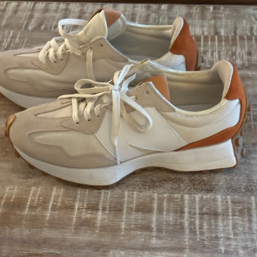 New Balance White and Tan Sneakers
